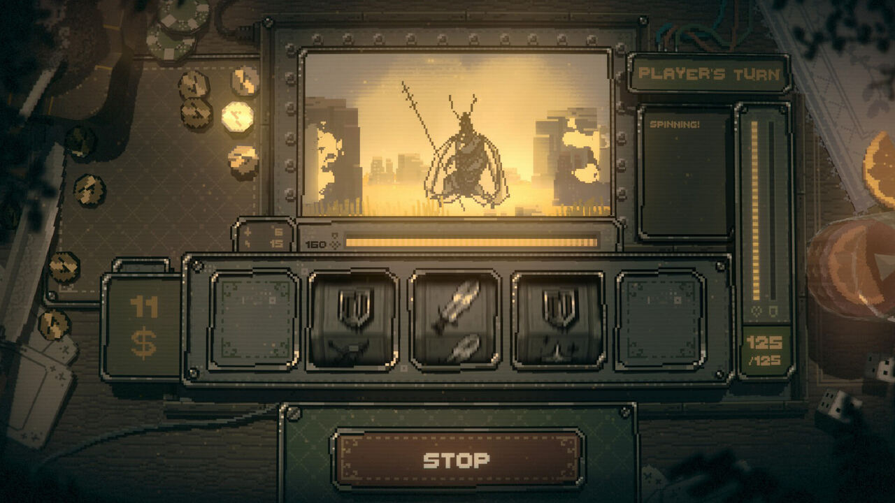 Boss battle with a lone warrior on the machine screen